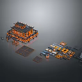 Traditional Architecture 3D Model with Orange Black Design Modular Roof and Detachable Parts