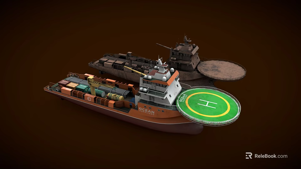 Brown Cargo Ship Featuring Colored Containers Helipad and Deck Structures 3d model 