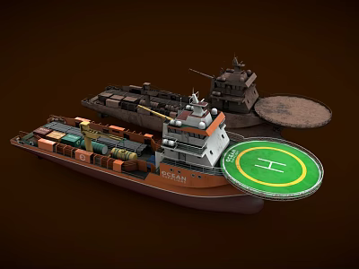 Brown Cargo Ship Featuring Colored Containers Helipad and Deck Structures 3d model