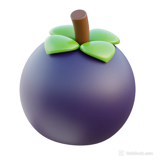 Fresh Purple Round Fruit With Green Leaves And Brown Stem On Top 3d model 
