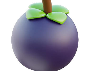Fresh Purple Round Fruit With Green Leaves And Brown Stem On Top 3d model
