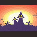 Square Rug With Haunted Houses Yellow Windows Crosses Bare Branches And Sunset Background