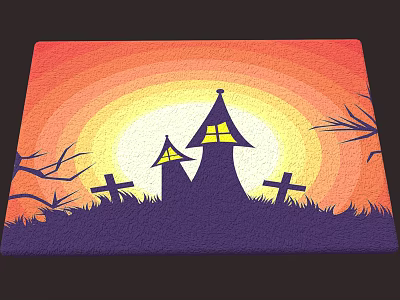Square Rug With Haunted Houses Yellow Windows Crosses Bare Branches And Sunset Background 3d model