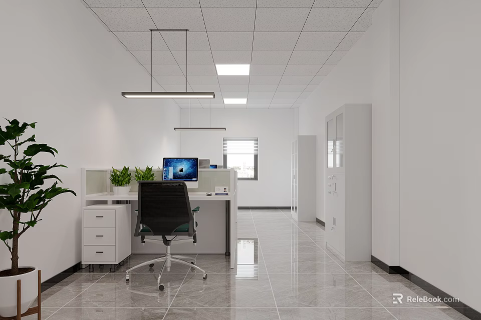 Modern Public Office Space With Workstations Computer Desks And Potted Plants 3d model