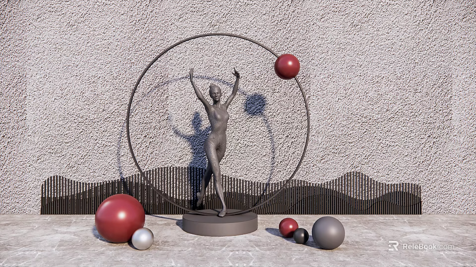 Decorative Human Figure Sculpture With Raised Arms Metal Ring Colored Spheres Against Textured Wall 3d model 