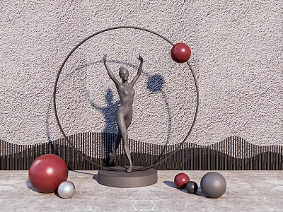 Decorative Human Figure Sculpture With Raised Arms Metal Ring Colored Spheres Against Textured Wall 3d model