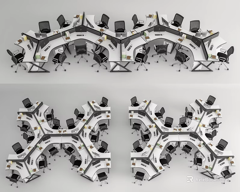 Modular Office Desks With Interconnected Layout And Office Chairs In Workspace 3d model