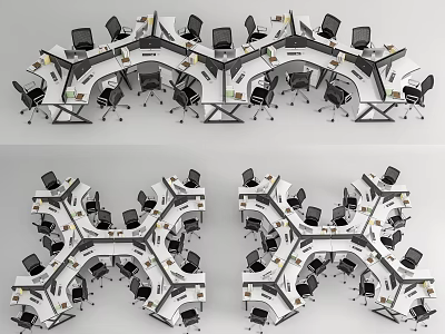 Modular Office Desks With Interconnected Layout And Office Chairs In Workspace 3d model