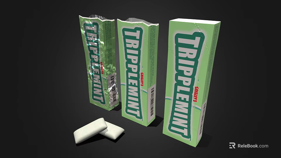 Triplemint Gum Green Packaging Boxes With White Gum Pieces On 3d model 