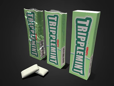 Triplemint Gum Green Packaging Boxes With White Gum Pieces On 3d model