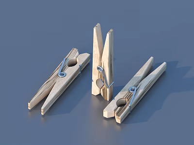 Three Practical Wooden Clothespins With Metal Springs For Household Use 3d model