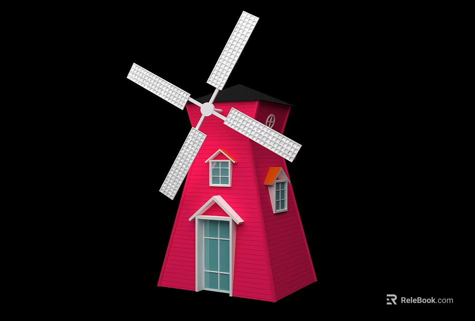 Traditional Windmill Structure Featuring Red Tower Body Black Roof White Blades Windows And Door 3d model 