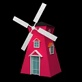 Traditional Windmill Structure Featuring Red Tower Body Black Roof White Blades Windows And Door