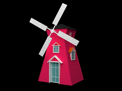 Traditional Windmill Structure Featuring Red Tower Body Black Roof White Blades Windows And Door 3d model
