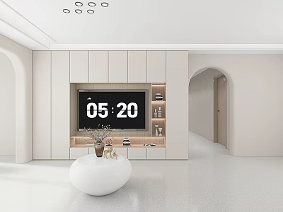 Modern Living Room Interior With Built-in TV Storage Cabinets Arched Doorway Round Coffee Table 3d model
