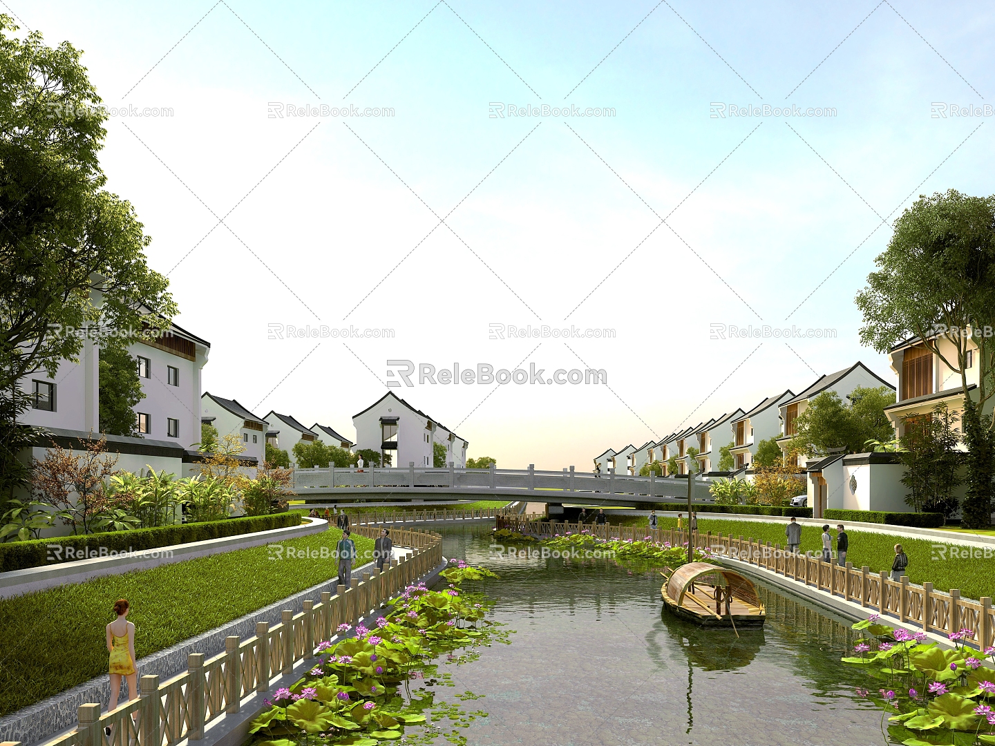 Chinese River Landscape Lotus Wupeng Boat New Chinese Architecture 3d model