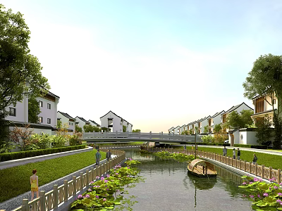 Scenic Waterfront Landscape With River Bridge Small Boat Buildings And Green Lawns 3d model