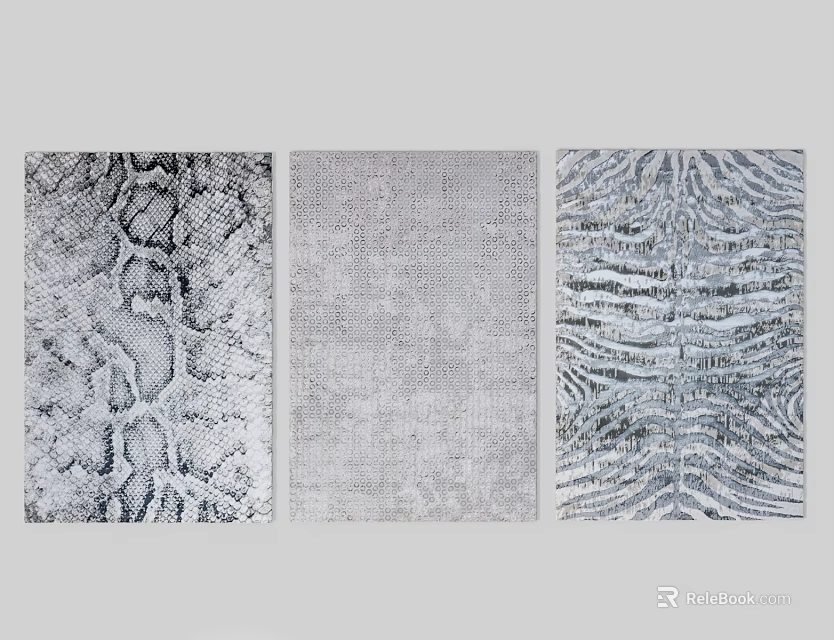 Three Different Textured Square Rugs With Snake Skin Gray Woven And Zebra Stripe Patterns 3d model 
