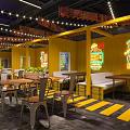 Modern Industrial Restaurant Interior With Graffiti Walls Metal Tables And Neon Lights