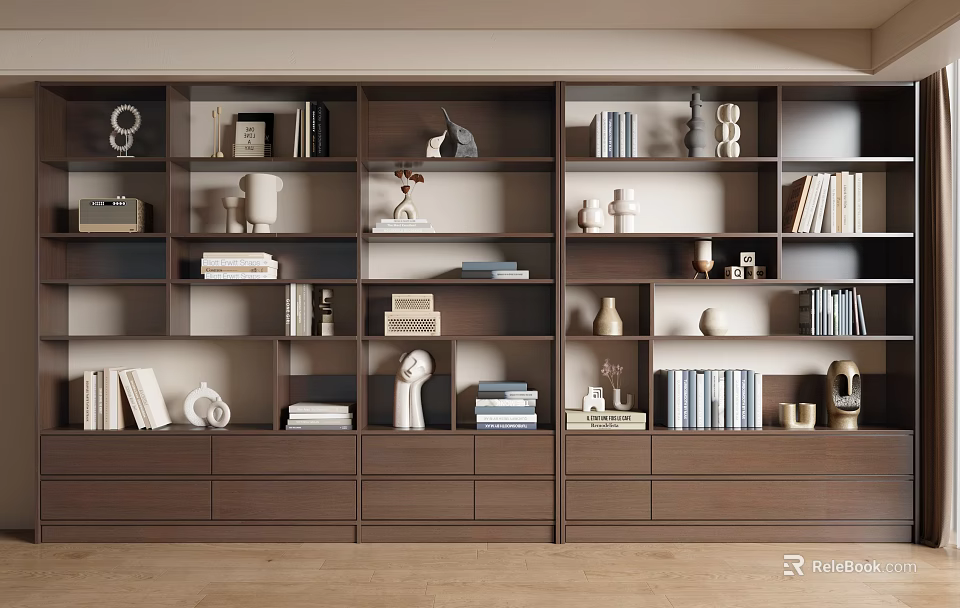 Modern Wooden Bookcase With Open Shelves Books Decorative Sculptures Vases And Drawers 3d model 