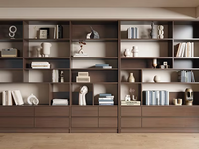 Modern Wooden Bookcase With Open Shelves Books Decorative Sculptures Vases And Drawers 3d model