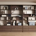 Modern Wooden Bookcase With Open Shelves Books Decorative Sculptures Vases And Drawers