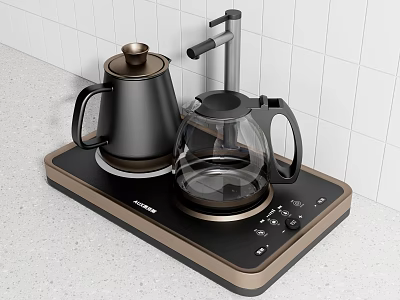 Modern Electric Kettle and Glass Teapot on Black and Gold Heating Base for Daily Use 3d model
