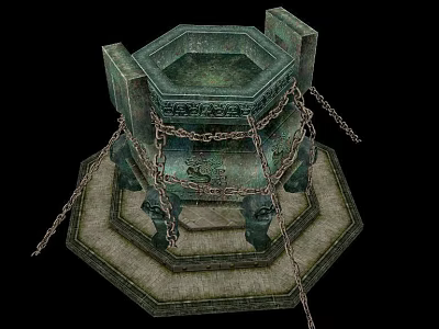 Ancient Green Bronze Octagonal Cauldron With Wrapped Chains And Stepped Base Carvings 3d model