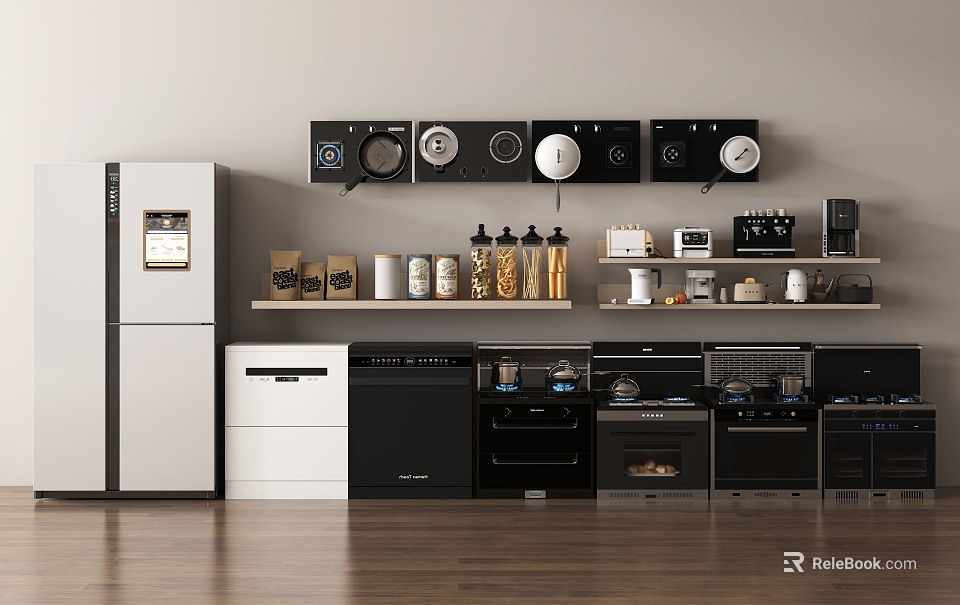 Modern Kitchen With Kitchenware Refrigerator Oven Cabinets Storage Shelves Coffee Maker Jars 3d model 