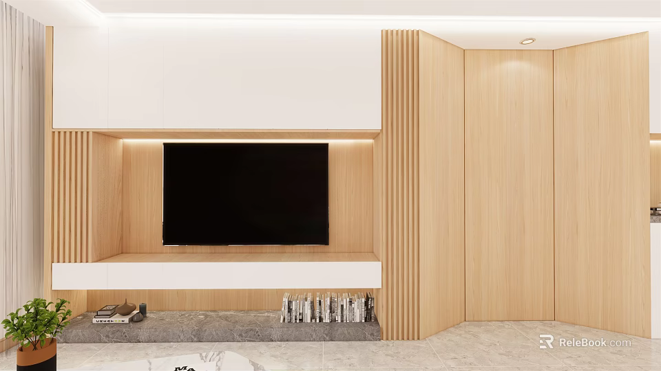 Modern TV Console Design With Wooden Panels Vertical Slats LED Lighting And Books Shelves 3d model 