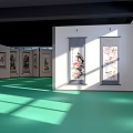 Brightly Lit Gallery Corridor With Artworks On Both Walls And Green Floor