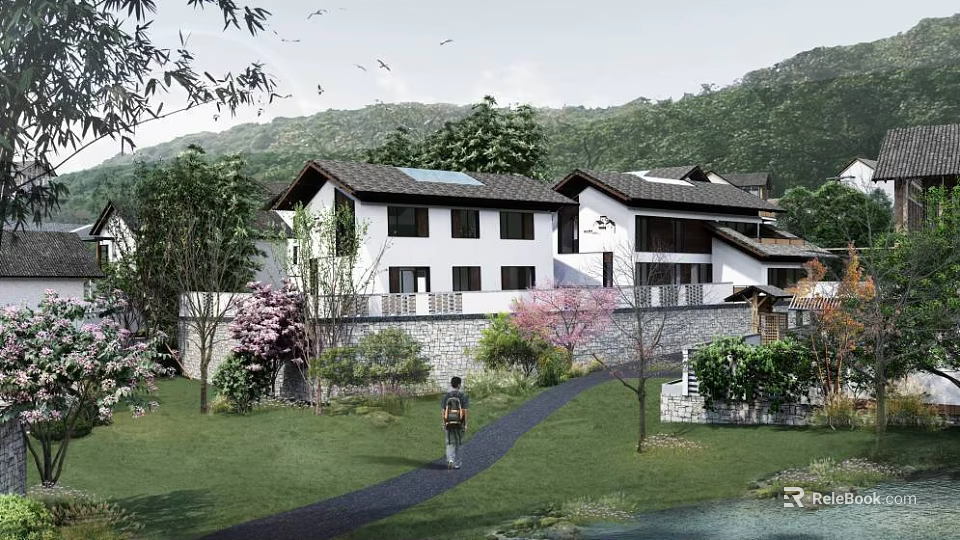 Scenic Homestay Building With White Exterior Dark Roof Green Lawn And Mountain Scenery 3d model 