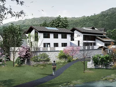 Scenic Homestay Building With White Exterior Dark Roof Green Lawn And Mountain Scenery 3d model