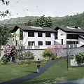 Scenic Homestay Building With White Exterior Dark Roof Green Lawn And Mountain Scenery