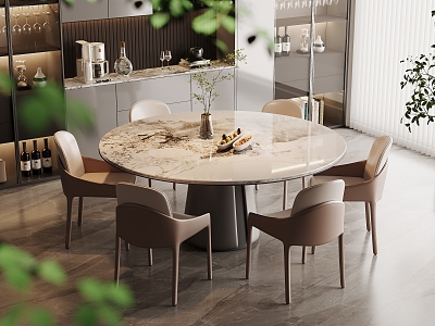 Marble Dining Table and Chair Combination Light Luxury Dining Room Round Dining Table Rock Board Dining Table Leather Dining Chair Six-person Cabinet Wine Cabinet Kitchen Supplies Vase model