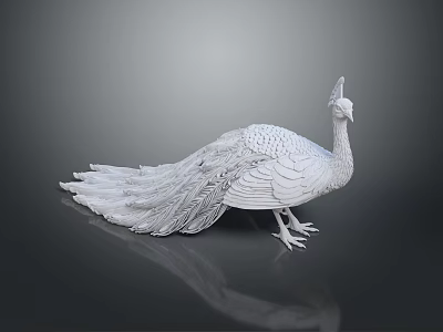 White Peacock Sculpture with Long Tail Feathers Standing on Gray Surface and Showing Clear Reflection 3d model