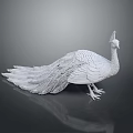 White Peacock Sculpture with Long Tail Feathers Standing on Gray Surface and Showing Clear Reflection