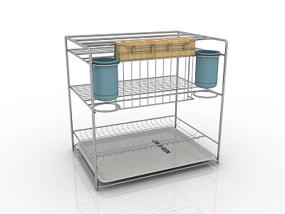 Stainless Steel Multi Tier Kitchen Storage Rack With Blue Containers And Wooden Organizer 3d model