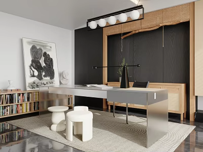 Modern Study Desk Chair Carpet Bookcase 3d model