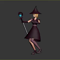 Woman In Purple Wizard Costume With Pointed Hat Holding Magic Wand And Blue Gem
