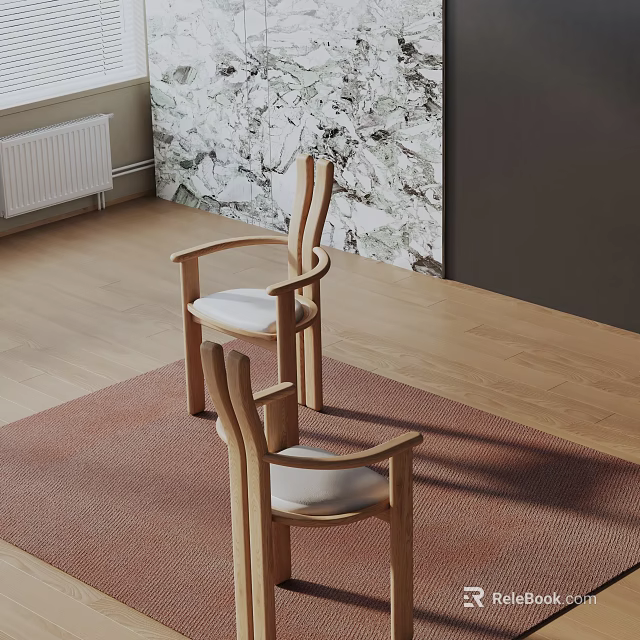 Modern Accent Chairs With Wooden Frame And White Padded Seats On Red Rug 3d model 