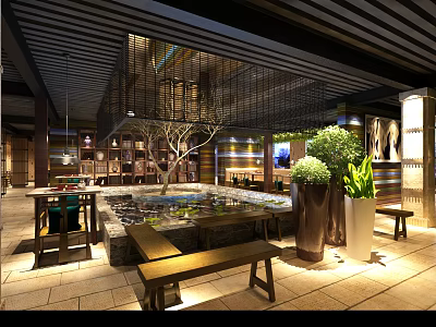 Stylish Restaurant Interior With Wooden Ceiling Water Feature Green Plants And Tables 3d model