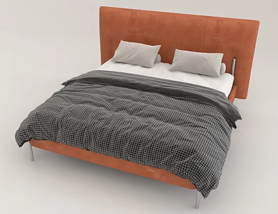 Modern Double Bed with Orange Upholstered Headboard Metal Legs Gray Pillows and Plaid Comforter 3d model
