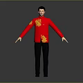 Traditional Red Chinese Style Top With Golden Patterns And Dark Pants Black Shoes