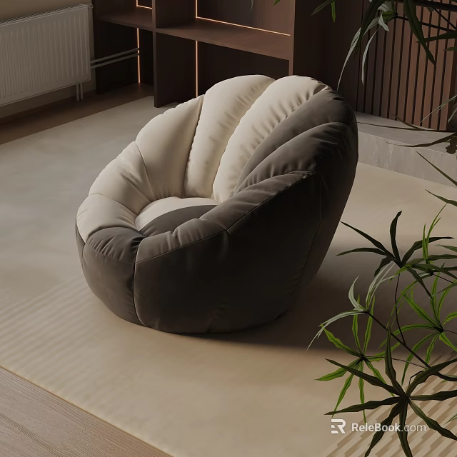 Plush Gray And White Curved Lounge Chair In Indoor Area With Wooden Accents And Plants 3d model 