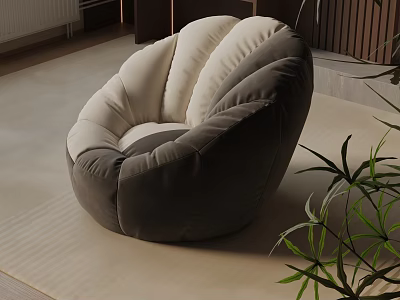 Plush Gray And White Curved Lounge Chair In Indoor Area With Wooden Accents And Plants 3d model