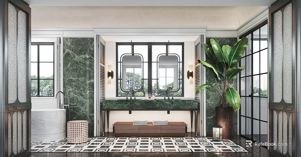 Luxurious Bathroom With Marble Walls Double Mirrors Green Plant And Patterned Tiles 3d model 