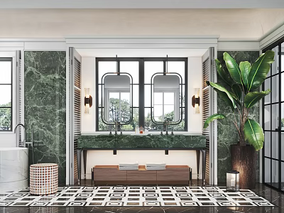 Luxurious Bathroom With Marble Walls Double Mirrors Green Plant And Patterned Tiles 3d model