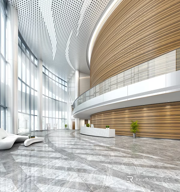 Modern Lobby Reception Desk With Wooden Walls Glass Curtain Marble Flooring And Green Plants 3d model 