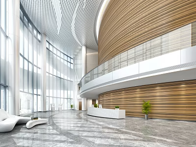 Modern Lobby Reception Desk With Wooden Walls Glass Curtain Marble Flooring And Green Plants 3d model